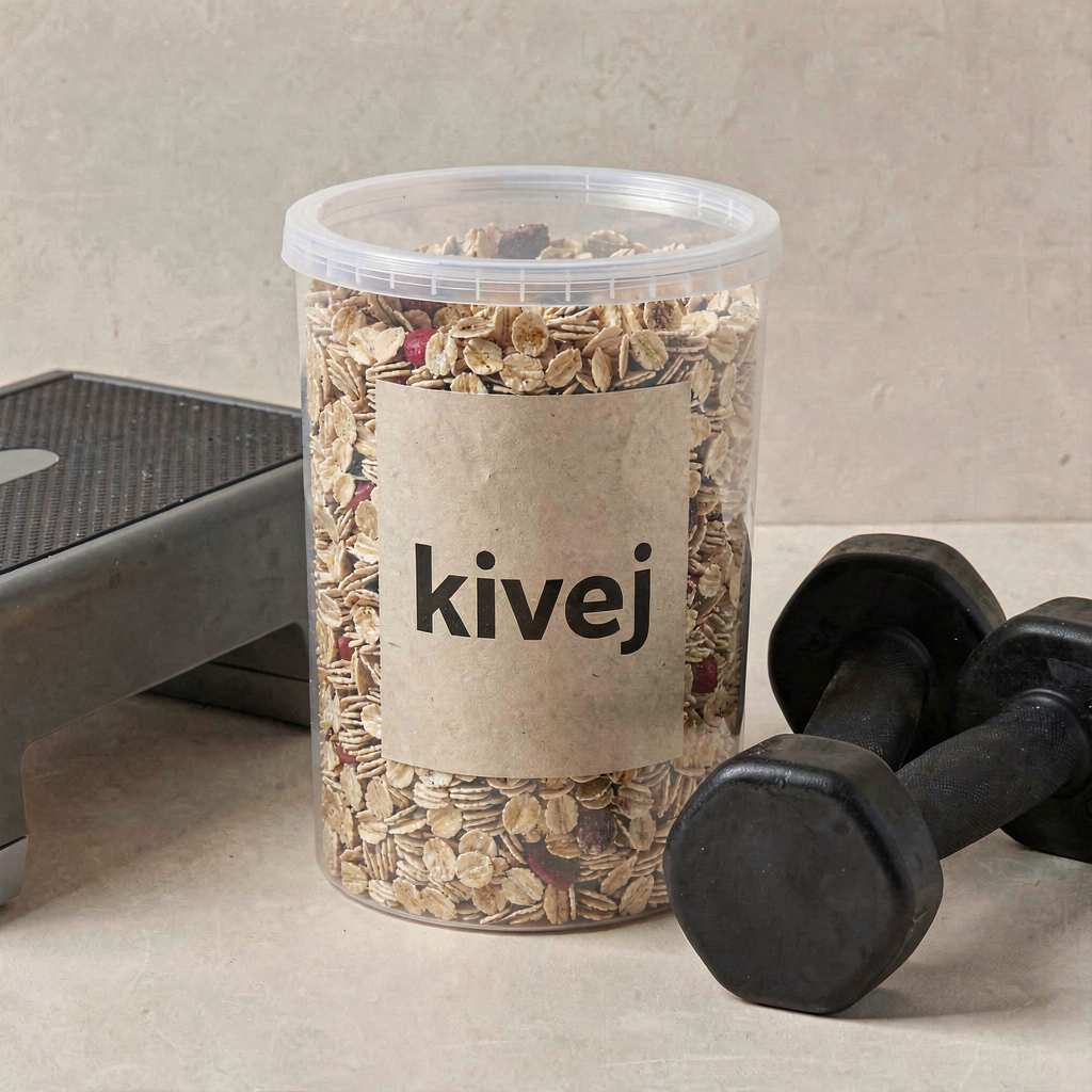 ظرف گرانولای بدون شکر kivej با درب بیرنگ و لیبل کرم رنگ